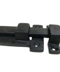 Close-up of Vintage Black Wrought Iron 8 Inch Slide Door Bolt Latch For Barn Doors And Gates with mounting screws