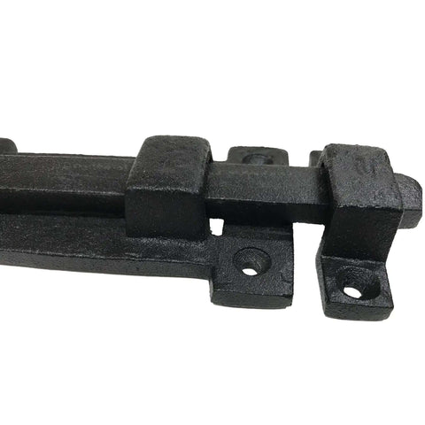 Close-up of Vintage Black Wrought Iron 8 Inch Slide Door Bolt Latch For Barn Doors And Gates with mounting screws