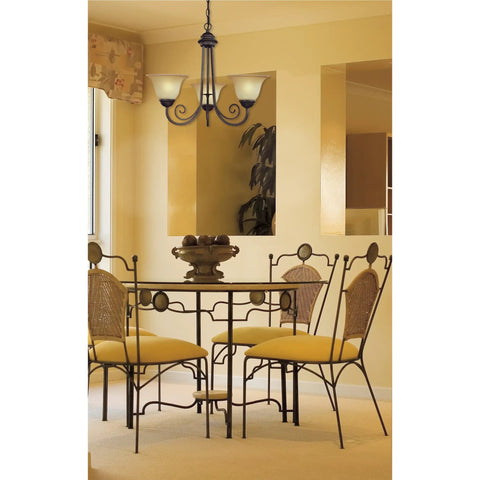 Dining room with Three Light Interior Chandelier With Ebony Bronze Finish And Aged Alabaster Glass, chain 108 in, wire 120 in.