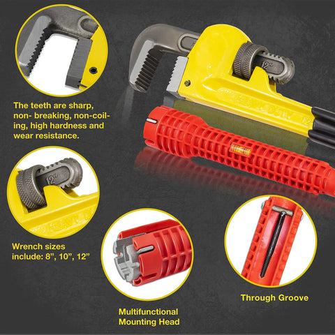 Close-up of Heavy Duty Pipe Wrench Set Four Piece Adjustable 8 10 12 14 Inch Heat Treated Forged Steel with Soft Grip details