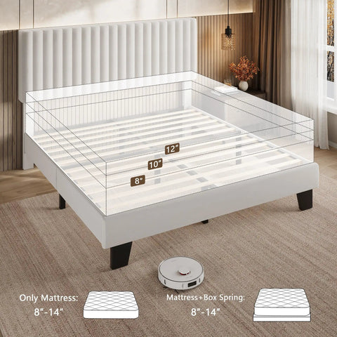 Full Size Bed Frame With Headboard White Upholstered Velvet Platform Bed Built Like A Tank With Solid Wood Slats showcasing height options.