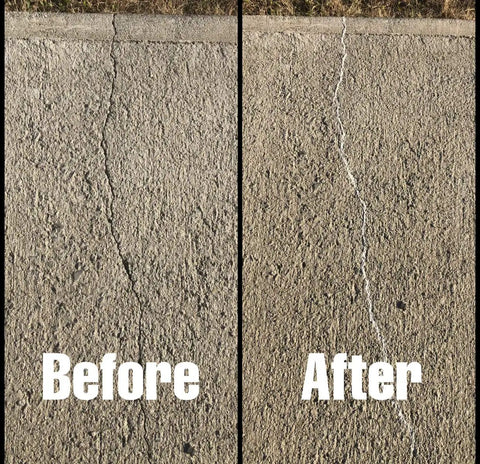Before and after images showing concrete crack filled with Flexible Concrete Crack Filler For Cracks Up To One Inch DIY Ready And Quick To Apply Weatherproof In Hot And Cold Two Gray Shades Gray And Light Gray Made In USA For A Fast Easy Fill And A Lasting Seal.