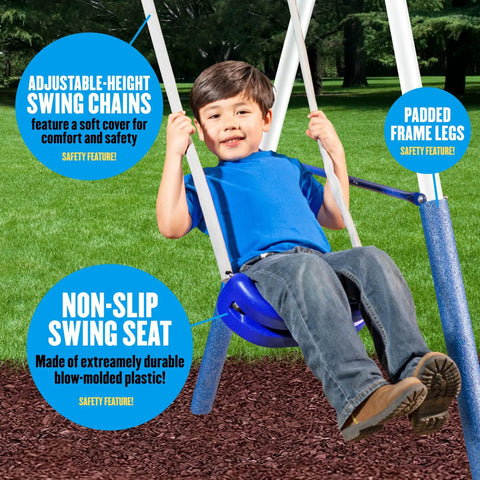 Child on Backyard Swing Set With Multiple Play Stations For Up To Five Kids, Easy Assembly Metal Frame Playground highlighted features.