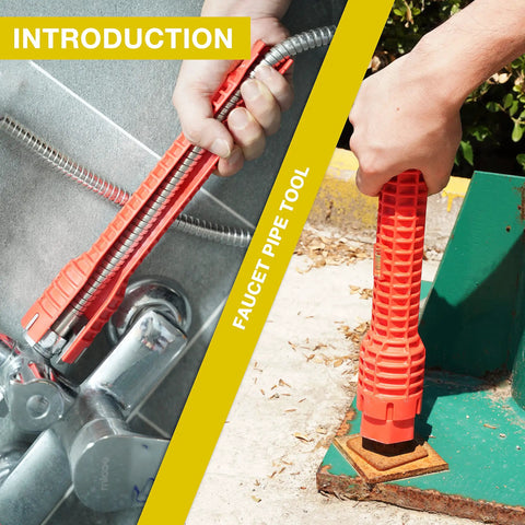 Person using faucet pipe tool for plumbing task in outdoor and indoor settings, showcasing its adjustable grip on pipes.
