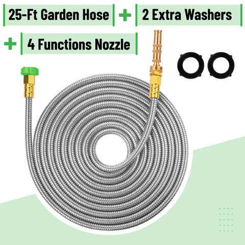 Coiled Stainless Steel Garden Hose With 4 Function Brass Nozzle 25 Ft No Kink Metal Hose For Heavy Duty Watering And Cleanup