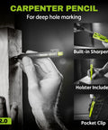 Heavy Duty Aluminum Scribe Set With Deep Hole Marking Pencil And Rugged Job Site Holster, showing deep hole marking in wood.