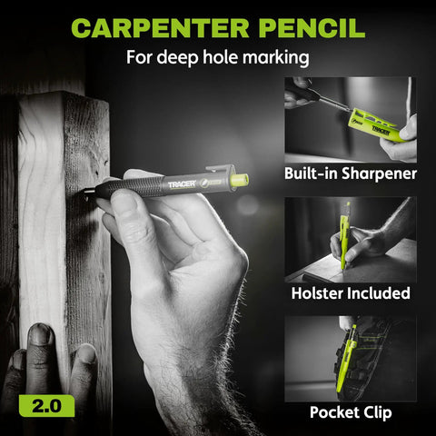 Heavy Duty Aluminum Scribe Set With Deep Hole Marking Pencil And Rugged Job Site Holster, showing deep hole marking in wood.