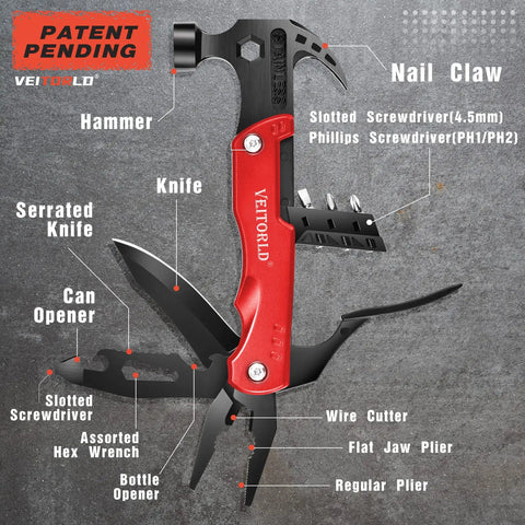 Kickass All In One Hammer Multitool Kit For Men And Women Gift Ideas For Dad Grandpa Him Camping Gear Survival Tools Fishing Hunting Essentials Unique Birthday Anniversary Gift showing open tools like screwdriver, knife, plier.