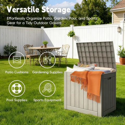 Weatherproof 31 Gallon Deck Box With Locking Lid For Outdoor Cushions, Pool Gear, And Garden Tools In Greige, open with contents