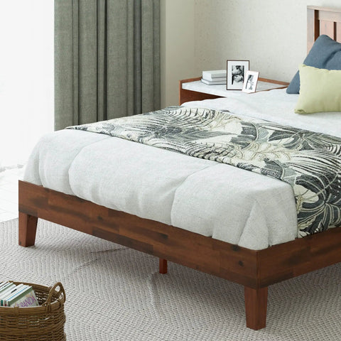 King Size Solid Wood Platform Bed Frame With Antique Espresso Finish And Integrated Headboard featuring a cozy bedding and slat support.
