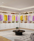 White Modular Closet System, Set Of 4 With 12 Drawers And 8 Rods, organized walk-in closet with colorful clothes and storage drawers.