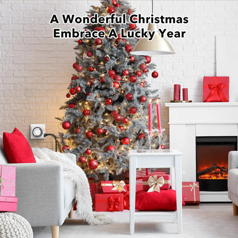 Heavy Duty Mechanical 24 Hour Timer Dual Outlet 3 Prong Indoor Power Timer for Christmas lights next to decorated tree