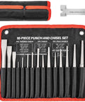16-piece punch and chisel set with labeled pouch, showcasing Pro Grade 16 Piece Punch And Chisel Set For Mechanic And Metalworking
