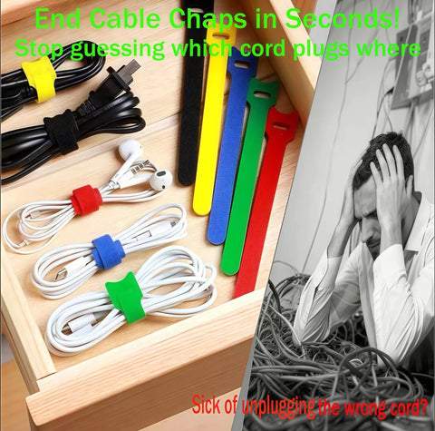 Man frustrated with cable clutter; organized drawer with colorful ties. 80 Pack Reusable Cable Labels And Cord Organizer Kit in use.