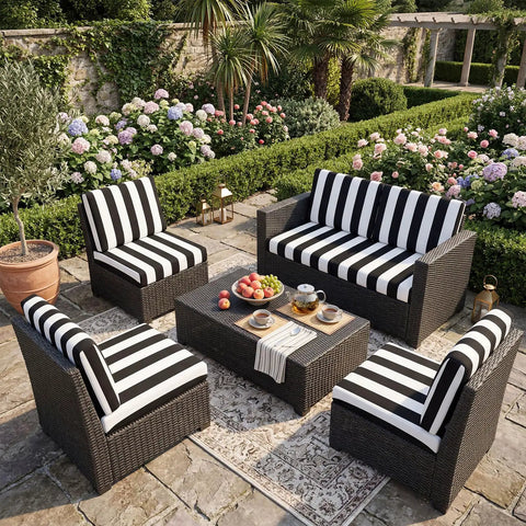 Patio furniture with 12 Pack Elastic Outdoor Cushion Covers For Patio Sofa Cushions 20 To 27 Inch, black and white stripes.