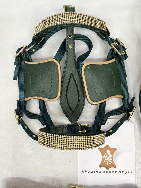 Olive Green Nylon Driving Harness with Brass Plated Fittings and Diamond Chain Browband and Noseband Beige Patent Piping