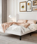 Top Notch Full Size Bed Frame With White Velvet Upholstery And Tufted Wingback Headboard Heavy Duty Steel Rails Solid Slats No Box Spring Needed Clean Bedroom Flex in modern bedroom setting