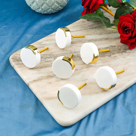 Set Of 6 Marble Knobs For Cabinets And Drawers White Round Decorative Cabinet Hardware Perfect For Kitchen Cupboards Glass Doors Dressers Wardrobes Pulls And More Easy To Install Durable And Stylish Home Upgrades displayed on marble slab