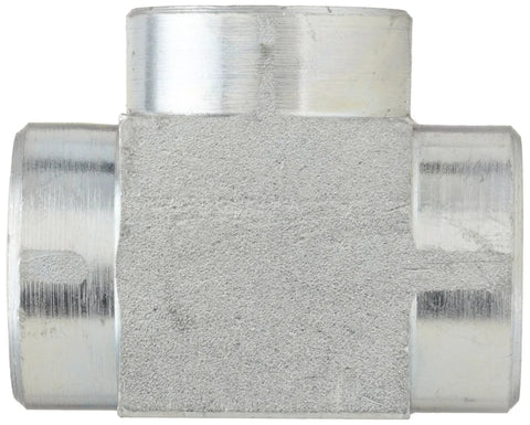 Three Eighths Inch NPTF High Pressure Tee Fitting For Hydraulic Lines With Female Threaded Openings Durable Metal Construction Handles Ten Thousand Psi, front view