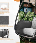 Close-up of Cozy Outdoor Hanging Egg Chair with Stand for Patio and Garden, showcasing cushion and materials.