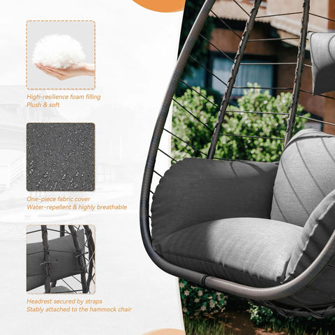 Close-up of Cozy Outdoor Hanging Egg Chair with Stand for Patio and Garden, showcasing cushion and materials.