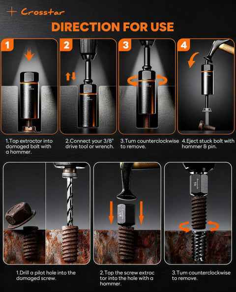 Instructions for using the 25 Piece Bolt Extractor Kit With Beast Bite No Slip, 3/8 Inch Drive Screw And Nut Remover Set