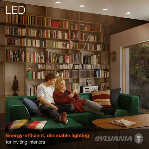 Couple relaxing under LED BR30 Flood Light Bulb 65W Equivalent Energy Saving 9W Dimmable Frosted Finish in cozy living room