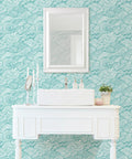 Saybrook Teal Peel And Stick Wallpaper With Aqua Wave Pattern For Renters And DIY Lovers in bathroom setting with mirror and vanity