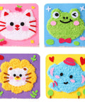 Kid Friendly Sewing Kit For Beginners, DIY Embroidery Set With Cute Animal Projects showing kitty, frog, lion, and elephant themes