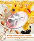 Close-up of the 10 In 1 Automatic Nut Milk Maker With 42 Oz Capacity blending almonds and oranges with alloy blades visible.