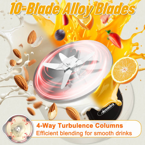 Close-up of the 10 In 1 Automatic Nut Milk Maker With 42 Oz Capacity blending almonds and oranges with alloy blades visible.