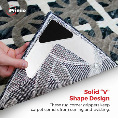 Hand applying Rug Corner Gripper Set 8 Pack For Indoor And Outdoor Use Keeps Rugs From Curling And Slipping With Strong Adhesive