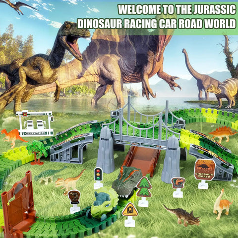 Awesome Dinosaur Race Track Playset With 140 Tracks, Dinosaurs, Cars, Bridges, Ramps in a scenic landscape
