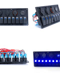 Waterproof 8 Gang Rocker Switch Panel With Digital Voltmeter Dual USB Charger 12V Cigarette Lighter Socket Blue LED Indicator