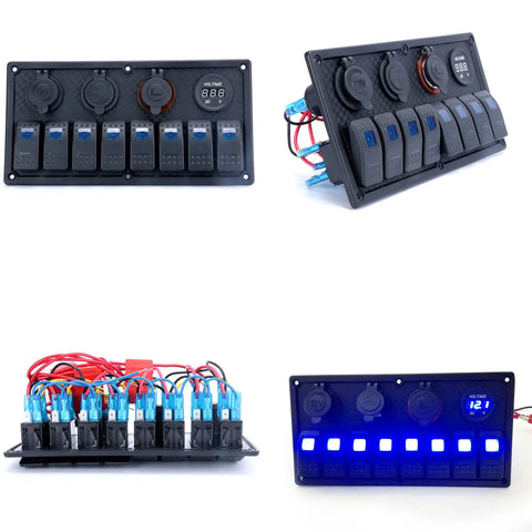 Waterproof 8 Gang Rocker Switch Panel With Digital Voltmeter Dual USB Charger 12V Cigarette Lighter Socket Blue LED Indicator