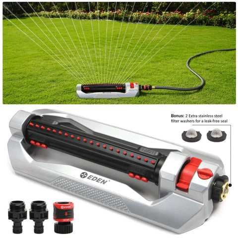 Heavy Duty Turbo Oscillating Sprinkler With 20 Precision Nozzles, Aluminum Base, flow and width control, installed on lawn