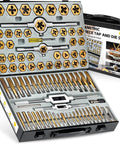 All In One 86 Piece SAE And Metric Tap And Die Set For Threading, Coarse And Fine Threads, Internal And External, Covers Four Forty To Five Eighths Inch And M3 To M16, Ideal For Pros And DIYers Rethreading Toolkit in open metal case