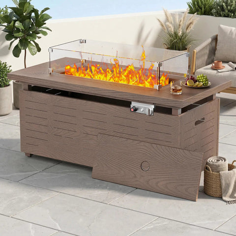 51 Inch Propane Fire Pit Table With 50,000 BTU Smokeless Heat, Glass Wind Guard, and Wood Grain Patio Heater on patio
