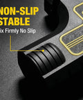 Close-up of Table Saw Dust Collection Adapter With Snap On Dust Port Hook And No Fuss Tool Free Installation on black background.