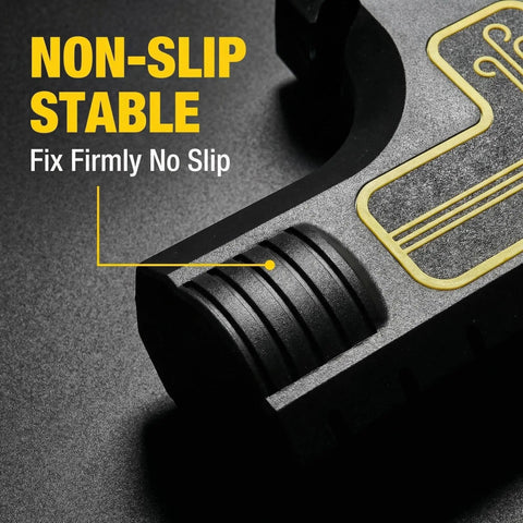 Close-up of Table Saw Dust Collection Adapter With Snap On Dust Port Hook And No Fuss Tool Free Installation on black background.