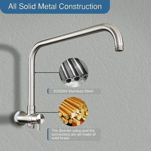 All Metal 3 Way Shower Arm Diverter Valve with 16 Inch Shower Head Extension, SUS304 stainless steel and brass construction