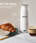 Travel Stainless Steel Electric Kettle 450ml With Temperature Control LED Auto Shutoff on table with croissant and coffee