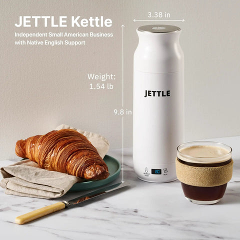 Travel Stainless Steel Electric Kettle 450ml With Temperature Control LED Auto Shutoff on table with croissant and coffee