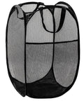 Pop Up Laundry Hamper 70L Collapsible Mesh Bin With Side Pocket And Reinforced Handles, black, empty and standing upright