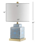 Blue White Ceramic Ginger Jar Table Lamp With Square Lattice Chinoiserie Design, White Linen Shade, LED Included, Nightstand Lamp 22in