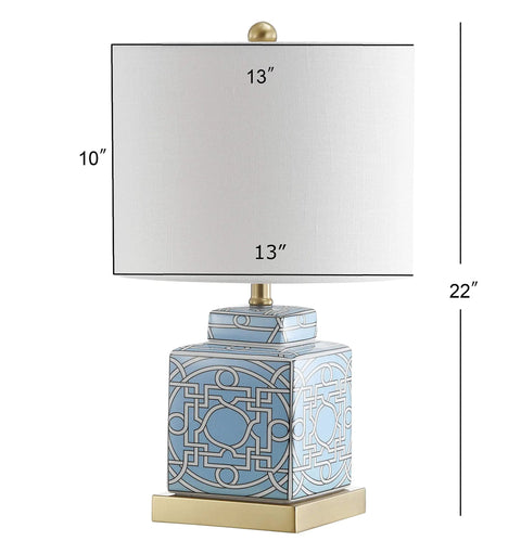 Blue White Ceramic Ginger Jar Table Lamp With Square Lattice Chinoiserie Design, White Linen Shade, LED Included, Nightstand Lamp 22in