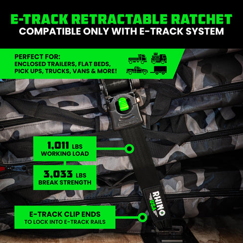E Track Retractable Ratchet Tie Downs 2 Inch By 10 Foot Heavy Duty Cargo Straps Set Of Four for Trailer Rails, close-up view