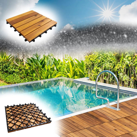 12x12 Inch Solid Wood Interlocking Flooring Tiles Pack Of 9 In Real Acacia Hardwood by pool with garden view