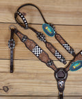 Top Shelf Western Leather Horse Tack Set Bringing The Boss Vibe To Every Ride With A Custom Headstall And Breast Collar Hand Carved With Vibrant Floral Patterns And Durable Antique Copper Hardware, featuring intricate floral carving and checkerboard design.