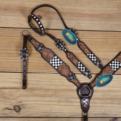 Top Shelf Western Leather Horse Tack Set Bringing The Boss Vibe To Every Ride With A Custom Headstall And Breast Collar Hand Carved With Vibrant Floral Patterns And Durable Antique Copper Hardware, featuring intricate floral carving and checkerboard design.
